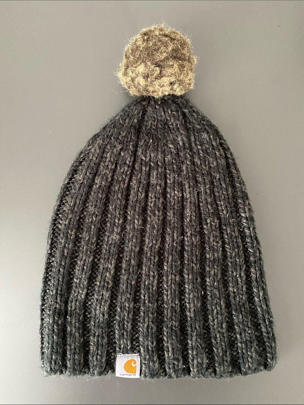 Carhartt Black Rib-Knit Beanie with Tan Pom